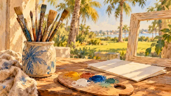 AI-generated illustration of brushes, a palette, blank paper and a frame; not the event, museum or participating artists’ work.