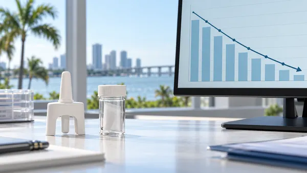 Editorial illustration of an unbranded public-health analysis desk with naloxone, a laboratory vial and an abstract downward trend
