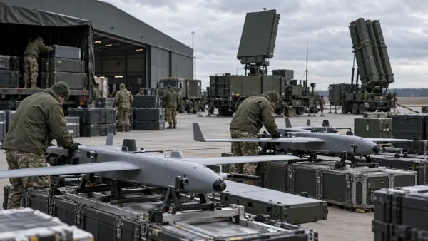 Vista ilustrativa de drones intercetores e equipamento de defesa aérea numa instalação logística militar europeia