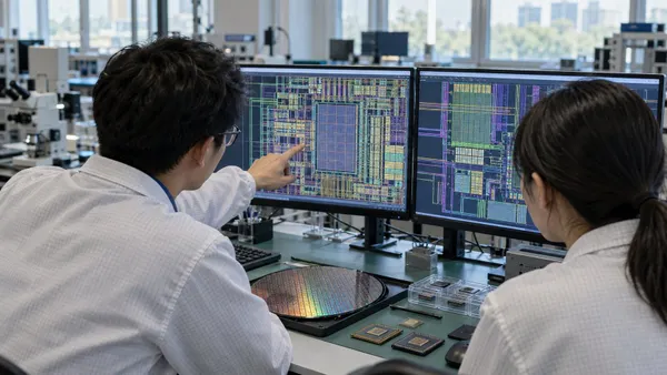 Sinusuri ng dalawang inhinyero ng semiconductor ang mga layout ng integrated-circuit sa mga monitor sa tabi ng isang silicon wafer at mga prototype chip.
