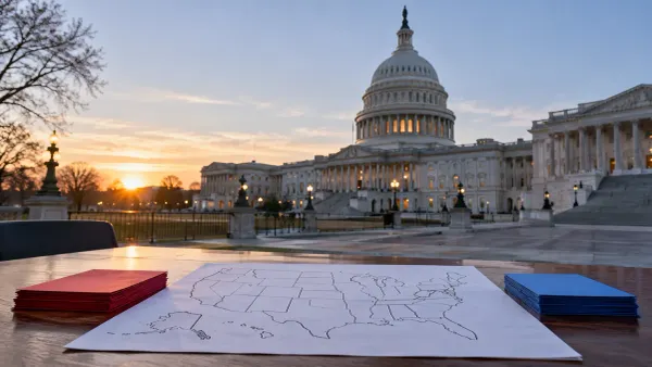 An unlabeled United States map with red and blue cards on a table before the U.S. Capitol at dawn