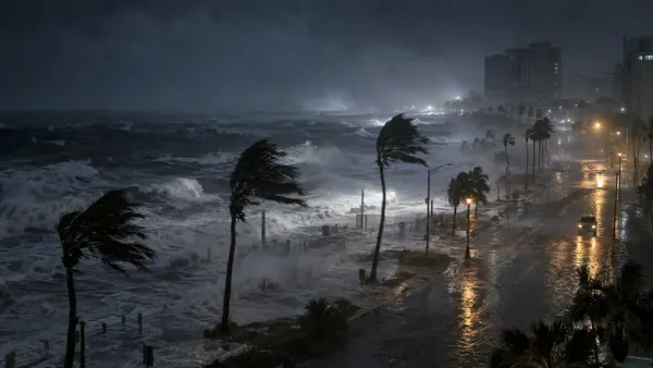 AI-generated editorial depiction of wind-driven rain and storm surge battering a Florida Gulf Coast roadway at night.