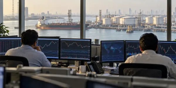 Two currency traders monitor market charts in an unbranded Mumbai dealing room overlooking an oil terminal and tanker.