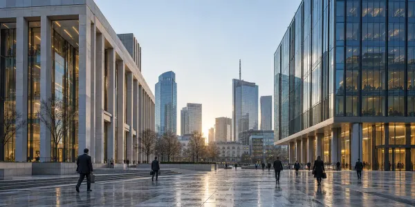 Ao amanhecer, os trabalhadores a caminho do trabalho atravessam uma praça entre dois modernos edifícios de escritórios bancários