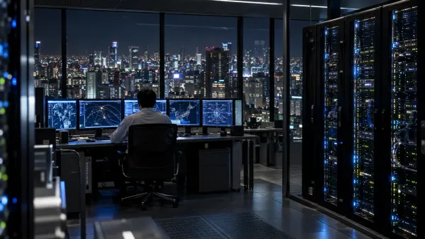 Cybersecurity professional monitoring network activity beside server racks overlooking a Japanese city at night