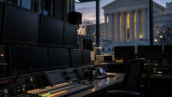 Darkened television control-room monitors with a federal courthouse visible through the windows at dusk