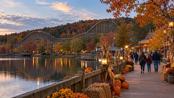 An autumn-decorated New England lakeside amusement park with a wooden roller coaster at dusk