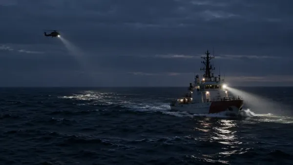 Uma embarcação de resgate e um helicóptero vasculham o Oceano Atlântico escuro ao amanhecer numa imagem editorial fotorrealista.