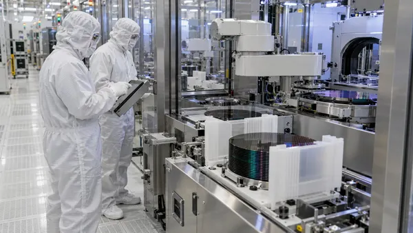 Sinusubaybayan ng mga technician ng cleanroom ang mga kagamitan sa pagproseso ng semiconductor wafer.