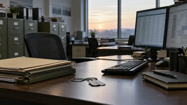 An empty military records office with abstract casualty tables on computer monitors, closed file folders and unmarked identification tags on a desk.