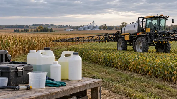 Nakalarawang taniman sa Nebraska na may farm sprayer at mga lalagyan ng suplay pang-agrikultura na walang tatak.
