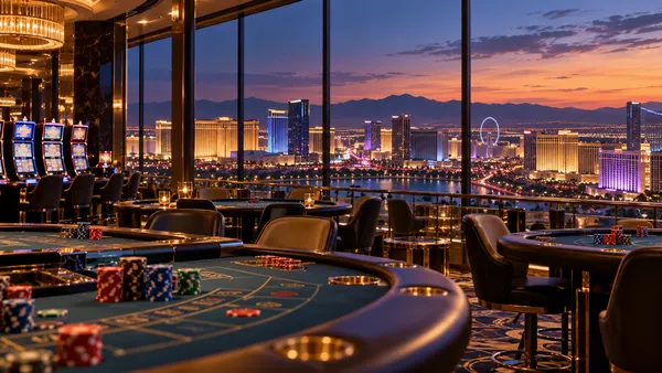 Isang naglalarawang tanawin ng isang walang tatak na palapag ng casino sa Nevada na tinatanaw ang isang pangkaraniwang skyline ng disyerto resort.