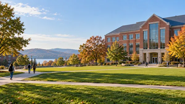 Illustrative view of a New England public university campus in autumn