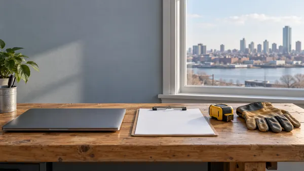 Ilustratibong workbench para sa maliliit na negosyo na may laptop, clipboard, panukat at guwantes