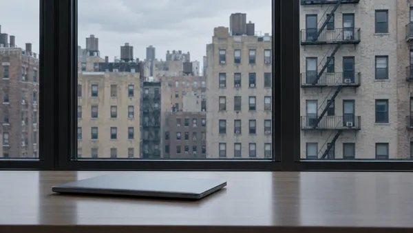 Larawang editoryal na binuo ng AI ng isang pangkaraniwang harapan ng apartment sa New York na tiningnan mula sa isang walang tatak na mesa ng opisina.