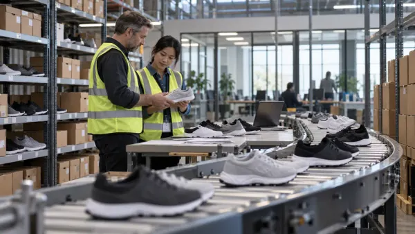 Iniinspeksyon ng mga operations manager ang mga generic na sapatos pang-atleta sa isang distribution center habang sinusuri ang imbentaryo.