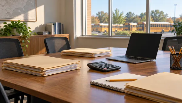 Illustrative view of a school administration meeting table with budget folders and school buses beyond a window.