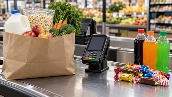 Illustrative grocery checkout with eligible staple foods separated from generic sweetened drinks and candy.