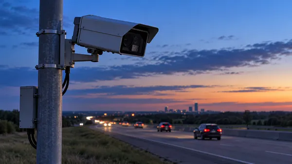 Nakalarawang automated license-plate reader camera sa tabi ng isang Oklahoma interstate noong dapit-hapon.