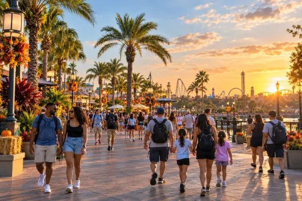 Visitors walk along an unbranded palm-lined Central Florida entertainment promenade in warm evening light