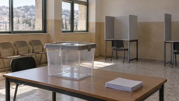An empty illustrative polling room with a transparent ballot box, voting booths and chairs in natural light.