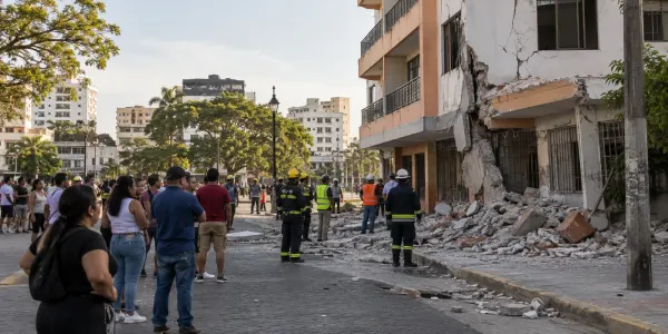 Emergency responders inspect earthquake damage to a building in Panama as residents gather at a safe distance.