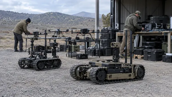 Technicians prepare uncrewed aerial drones and tracked ground robots at a generic military test range.