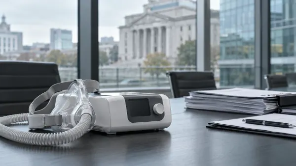 An unbranded CPAP-style breathing device beside legal documents in a modern conference room