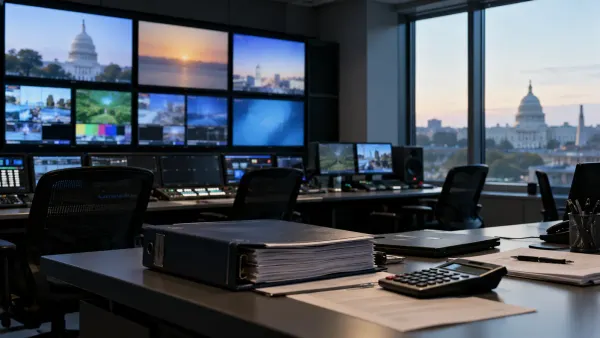 An empty television monitoring room with government buildings visible beyond the windows and budget documents and a calculator on a desk.