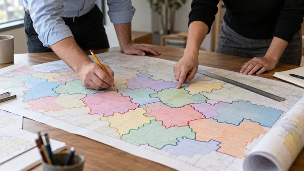 Two anonymous analysts review an unlabeled congressional-style district map in an illustrative civic planning workspace.