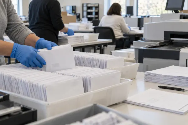 Election workers in a county office organize sealed ballot envelopes beside processing equipment.