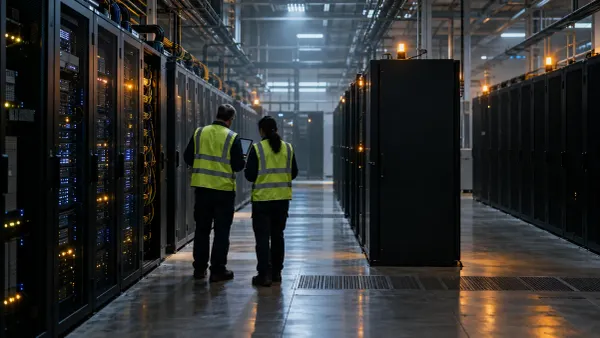 Engineers monitor server racks inside a damaged but orderly data center after a power and network disruption.