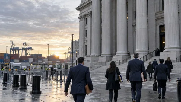 Vista ilustrativa de advogados a aproximarem-se de um tribunal federal junto a terminais de carga.