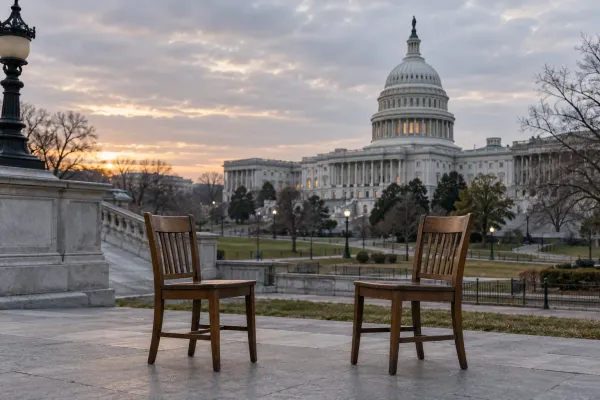 Two empty wooden chairs face each other outside the U.S. Capitol at dawn.