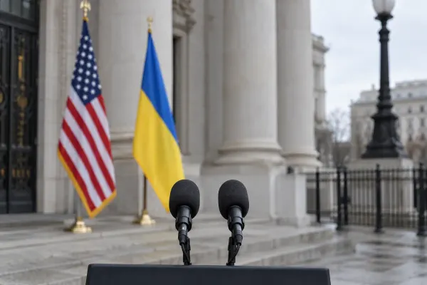 Two microphones stand before United States and Ukrainian flags outside a government building.