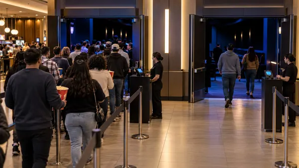 Uma sala de cinema está lotada, enquanto apenas alguns espectadores entram noutra.