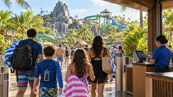 Imagem ilustrativa gerada por computador que mostra famílias a entrar num parque aquático tropical com toalhas e um terminal de pagamento contactless.