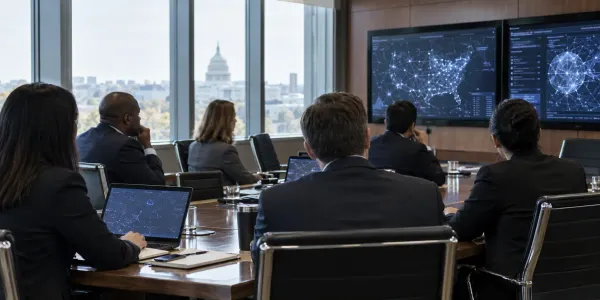 Funcionários das áreas de políticas públicas e cibersegurança analisam resumos de redes numa sala de conferências em Washington.