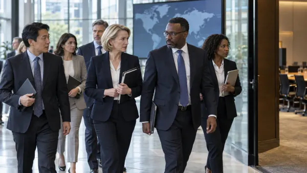 Finance officials walk through a modern international conference venue before meetings on development lending and global economic shocks.