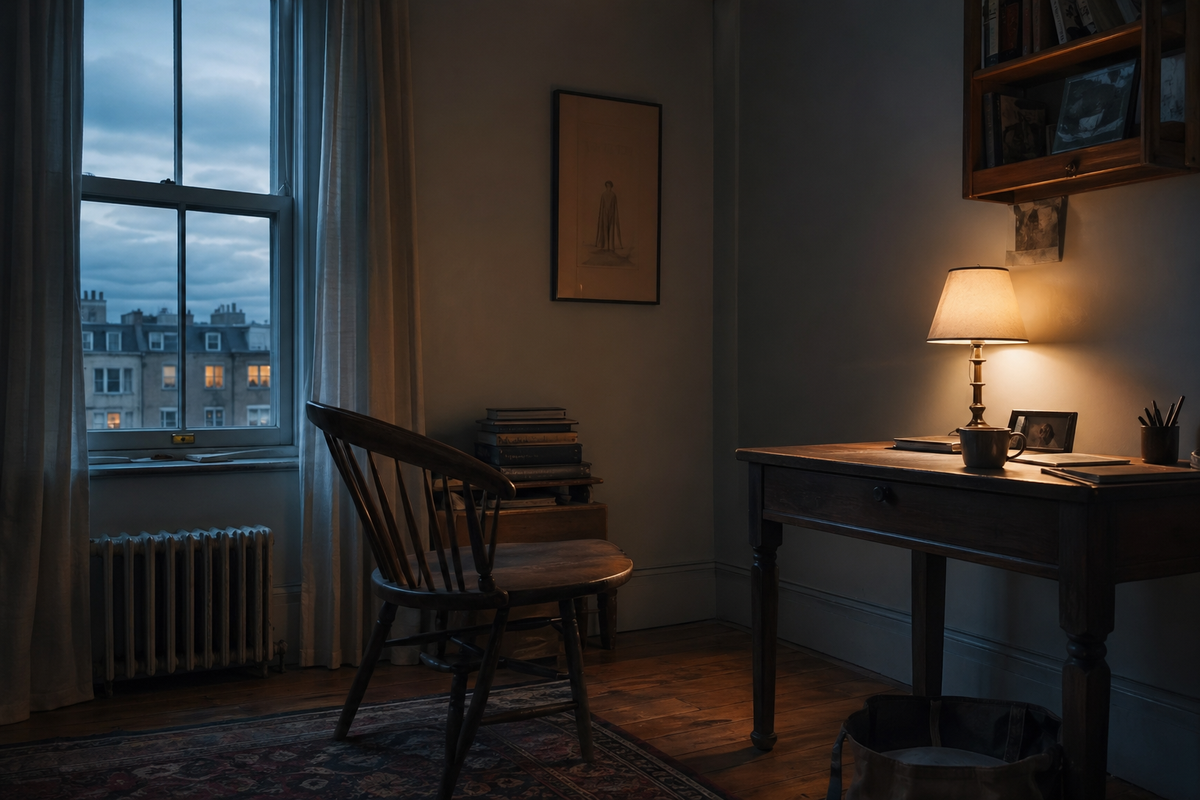 Blue-hour room with a wooden chair by a window and one lamp still on, suggesting lived presence and quiet consequence