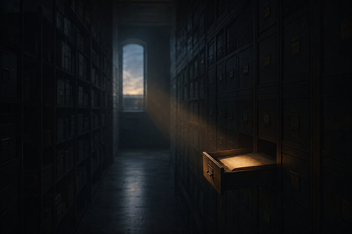 A dim archive corridor with one softly lit open drawer, suggesting the difference between storage and meaningful memory.