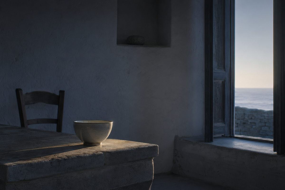 A quiet blue-hour room with an open window and a single bowl on a table catching a band of light.