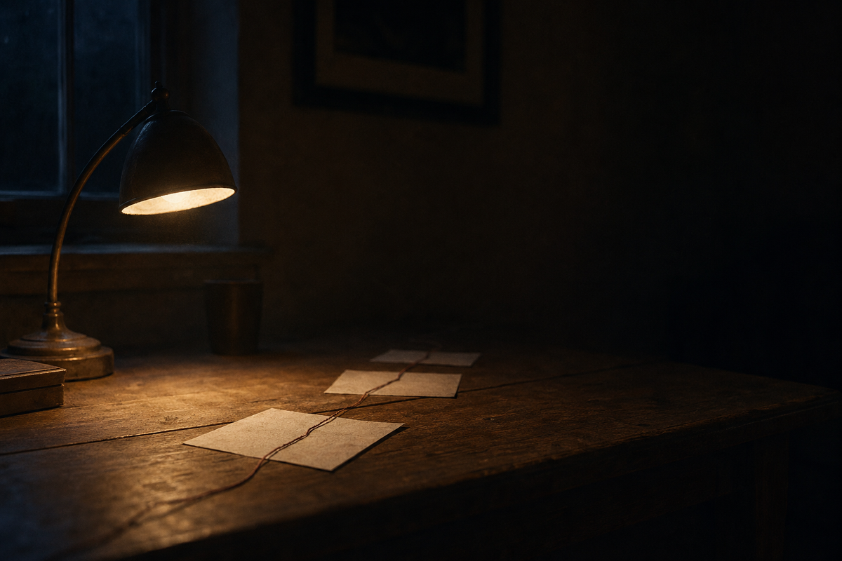 A quiet desk at night with paper slips connected by a single thread under a warm lamp, suggesting continuity and fragile memory.