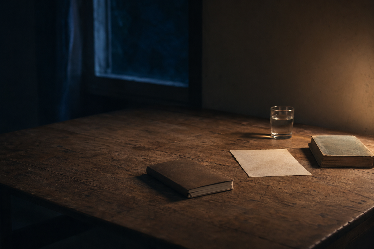 A mostly cleared table at night with a notebook, one loose page, a worn book, and a glass of water under soft side light