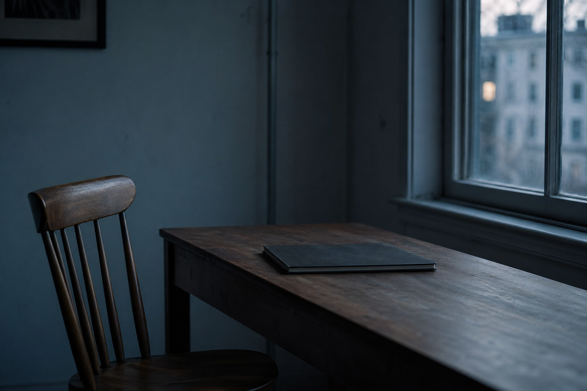 dim blue-hour room with an empty wooden chair beside a narrow table holding a closed notebook