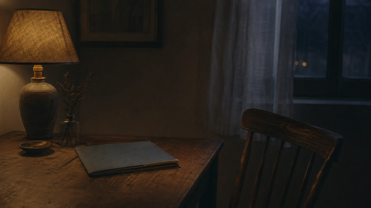 Empty chair and a closed folder under warm lamplight, suggesting a gentle ending.