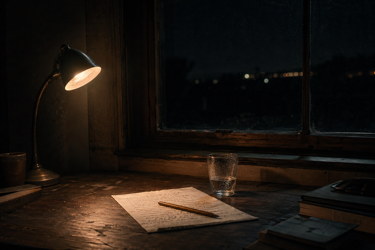 Warm desk light and handwritten pages in a dark room, representing real attention and warmth that remains.