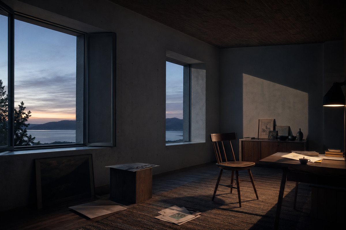 A quiet architectural room at blue hour, with open windows and restrained light suggesting thought given shape by boundaries.