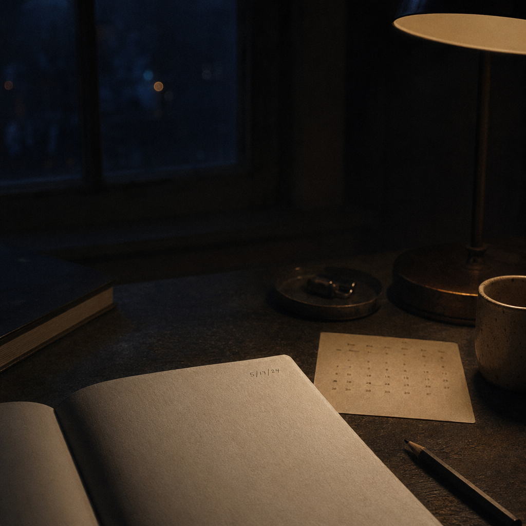 A dated notebook page on a quiet desk under soft lamp light