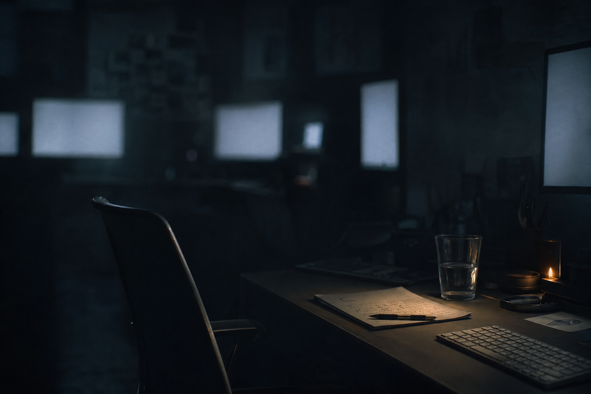 dim room with blank screen glow and a single lived-in desk